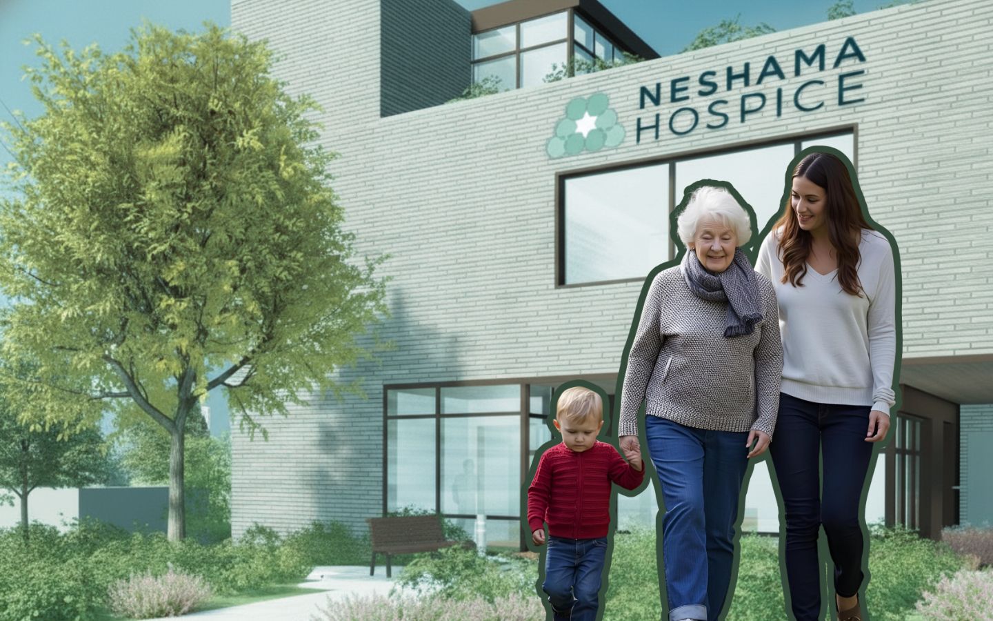 Image of grandmother, mother and child walking in front of Neshama Hospice
