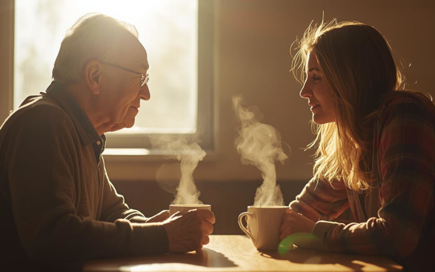 Father and daughter speaking to each other over coffee